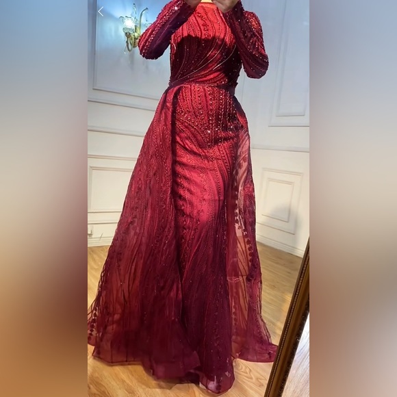 Modest Burgundy Gown with Overskirt - Picture 3 of 6